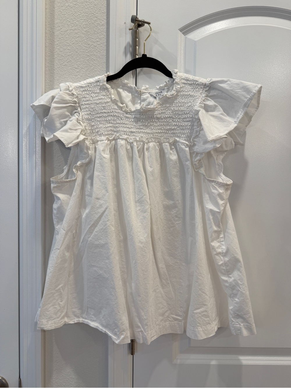 Crown & Ivy - White Ruffle Smocked blouse shirt